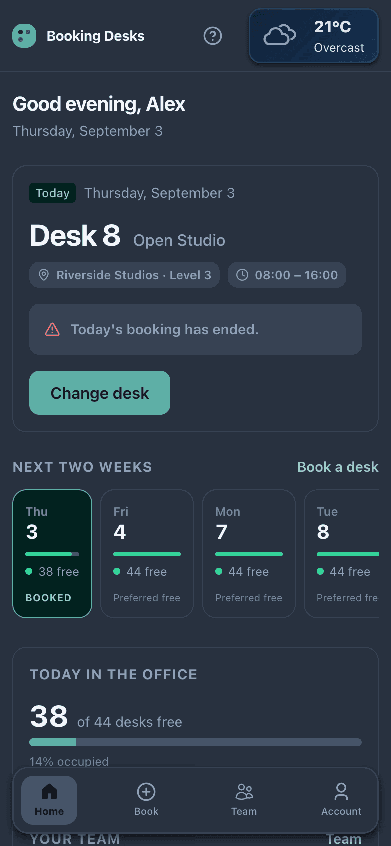 Booking Desks on a phone, showing today's desk and check-in